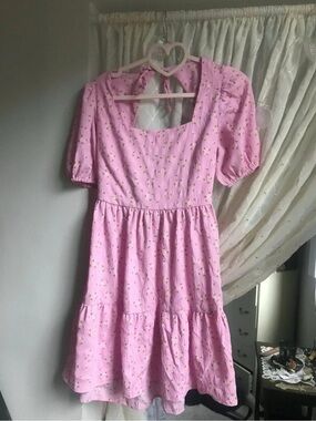 Girls' Pink Floral Tie-Back Tiered Day Dress